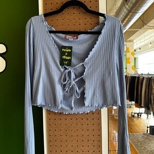 Urban Blue Ribbed Tie-Front Blouse